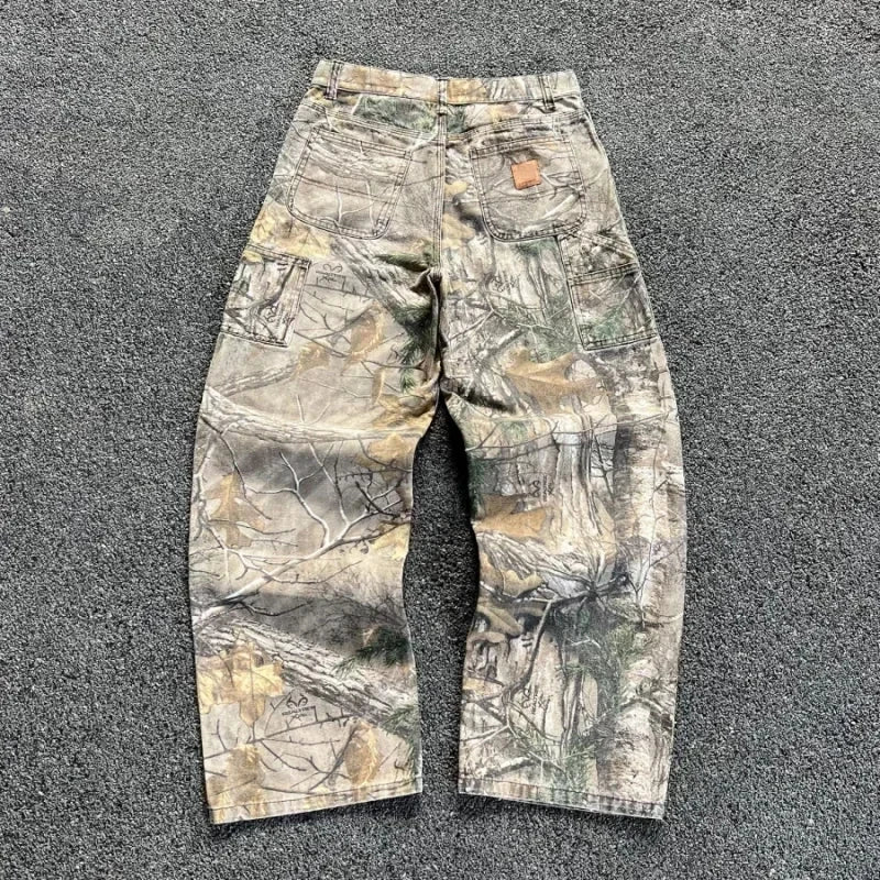 Y2K Retro zip up Hoodie Men Camouflage Pattern Pant Sweatshirt High Street Hip Hop Streetwear Unisex Jeans Baggy Camo Sweatpants