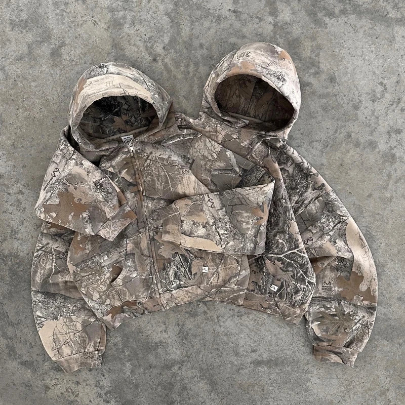 Y2K Retro zip up Hoodie Men Camouflage Pattern Pant Sweatshirt High Street Hip Hop Streetwear Unisex Jeans Baggy Camo Sweatpants