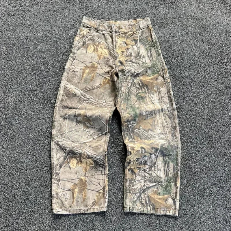 Y2K Retro zip up Hoodie Men Camouflage Pattern Pant Sweatshirt High Street Hip Hop Streetwear Unisex Jeans Baggy Camo Sweatpants