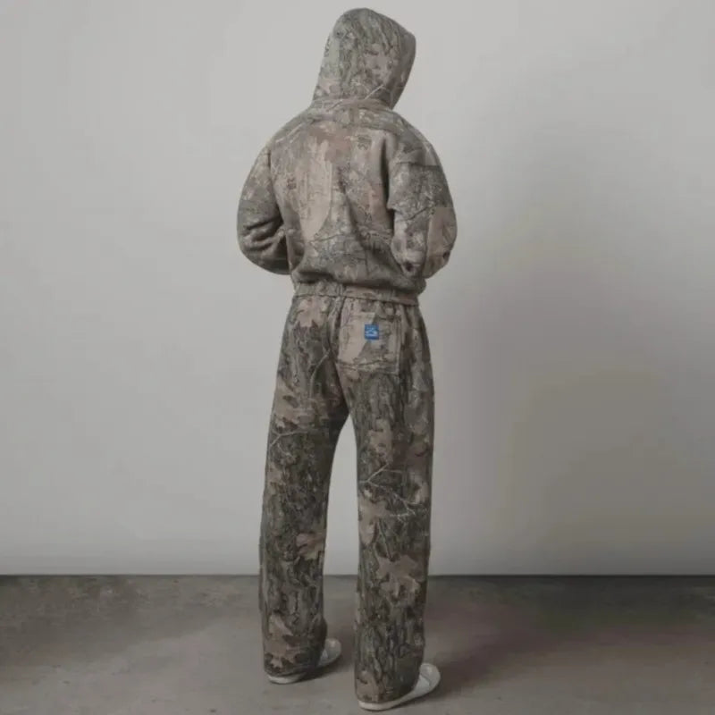Y2K Retro zip up Hoodie Men Camouflage Pattern Pant Sweatshirt High Street Hip Hop Streetwear Unisex Jeans Baggy Camo Sweatpants